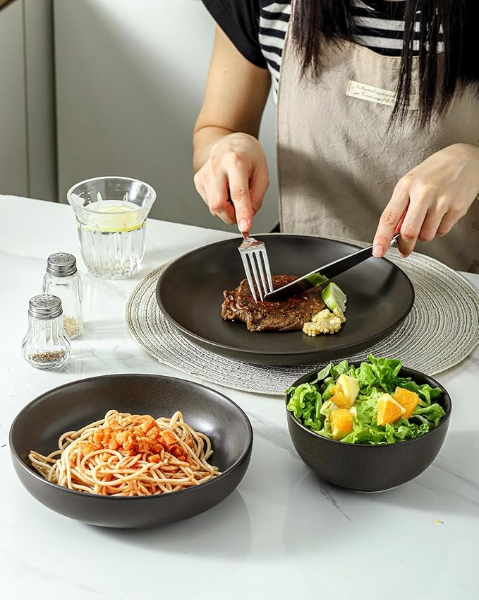 3 Piece Dinnerware Set Stoneware Plate and Bowl Set Ceramic Serveware Set Scratch Resistant Dishwasher &amp Microwave Safe Matte Black