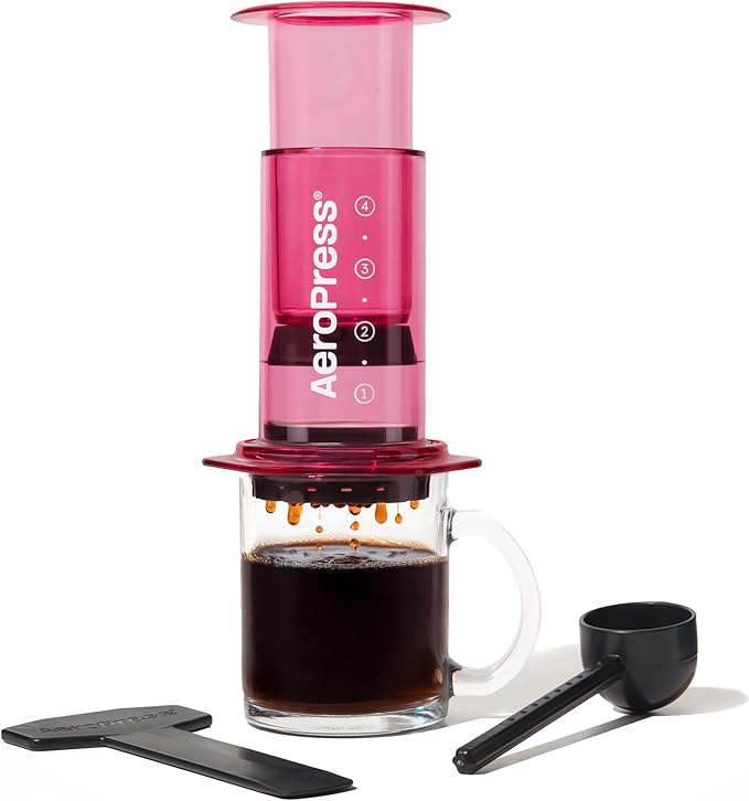 AeroPress Clear Pink Coffee Press - All-in-One French Press Pour-Over &amp Espresso Style Manual Brewer 2 Min Brew for Less Bitterness More Flavor Small Portable Coffee Maker Travel &amp Campin