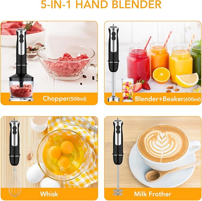 Immersion Blender 5 in 1 Hand Blender 800W Hand Mixer Stick 12 Speed &amp Turbo Mode Hand Mixer with 600ml Mixing Beaker 500ml Chopper Milk Frother Attachments for Soup Smoothies Sauce BPA Free
