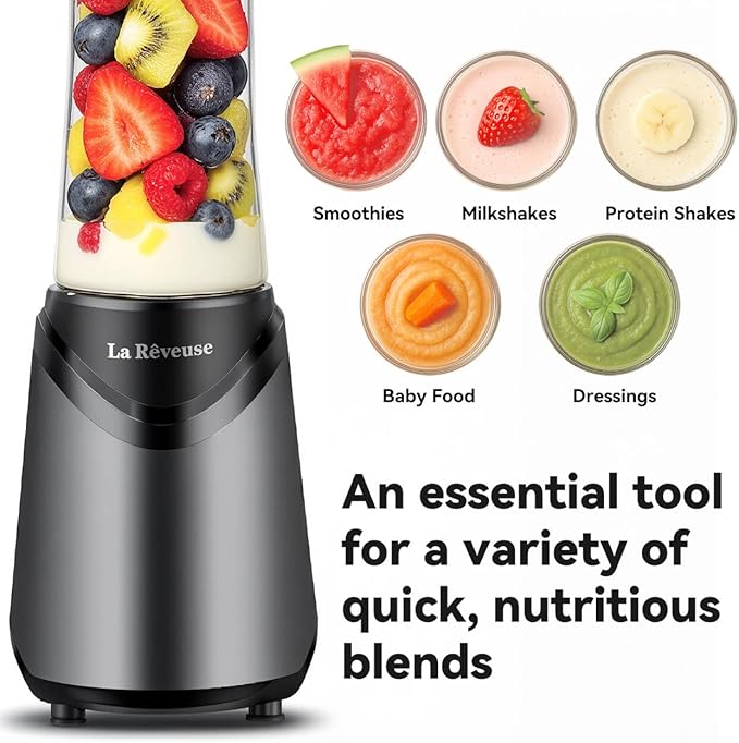 La Reveuse Smoothie Blender Personal Size 300 Watts with 2 Pieces 18 oz BPA-Free Travel Sports BottlesGrey