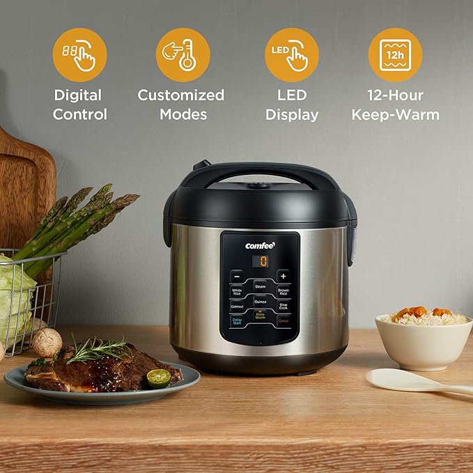 COMFEE' Rice Cooker Small 8 Cups Cooked(4 Cups Uncooked) 6-in-1 Stainless Steel Multi Cooker Slow Cooker Steamer &amp COMFEE' Glass Electric Tea Kettle &amp Hot Water Boiler 1.7L Bundle