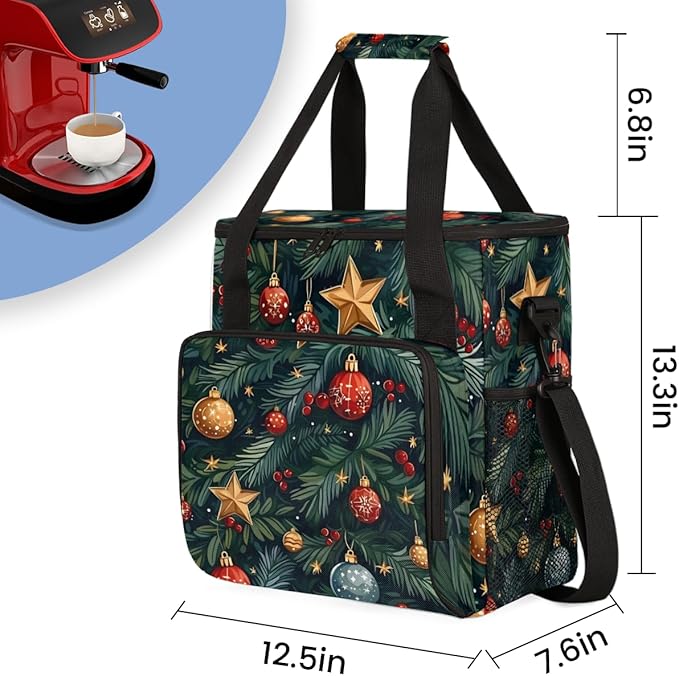 Christmas Bell Star Coffee Maker Carrying Bag Portable Travel Storage Tote Bag Compatible with K-Mini or K-Mini Plus Single Serve Coffee Brewer Carrying Case with Multiple Pockets &amp Shoulder Str