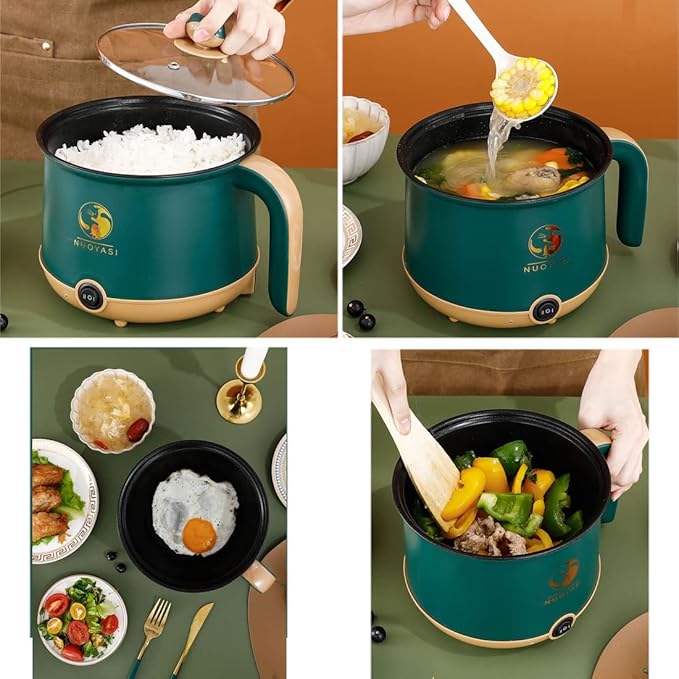 Electric Hot Pot Electric Sauté Pan 600W Food Grade Stainless Steel Cooker with Power Adjustment 1.8L for Rice Shabu Noodles Soup Ramen Steaming Basket (Green)