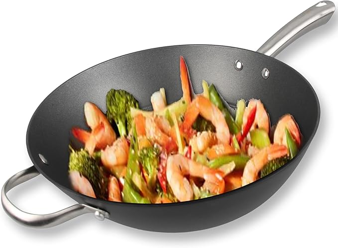 Cuisiland 12.5 Honeycomb Cast Iron Wok with Dual Handles – Non-Stick Stir-Fry Pan Stainless Steel Long Handles Oven Safe Classic Cast Iron Heat Retention