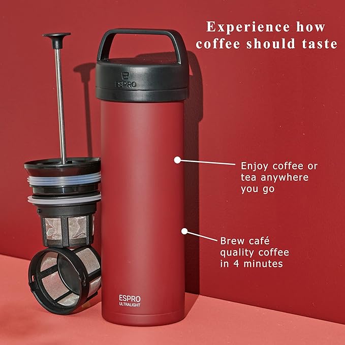 ESPRO P0 Ultralight French Press Coffee Maker for Travel Vacuum Insulated Stainless Steel 16 Ounces Cranberry