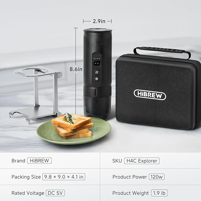 HIBREW H4C Explorer - Portable Electric Espresso Maker USB-C Rechargeable for Coffee Pods &amp Ground Coffee Compact for Home and Travel with Foldable Holder &amp Carrying Case (Black)
