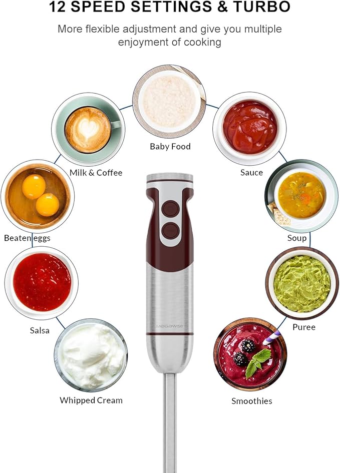 MegaWise 5-in-1 Immersion Hand Blender Set with Variable Speed 400W Stainless Steel - Includes Chopper Whisk Milk Frother and Beaker - Ideal for Soups Smoothies Baby Food &amp More (RED)
