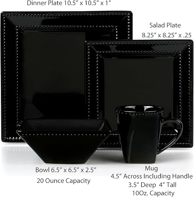 16 Piece Square Beaded Stoneware Dinnerware set by Lorren Home Trends Black