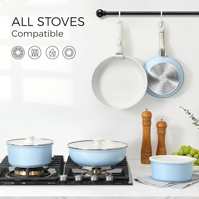 15Pcs Pots and Pans Set Non Stick Cookware Sets with Detachable Handle Nonstick RV Kitchen Cooking Tools Removable Handles Oven Safe Induction Fast Stackable Induction Cookware Blue
