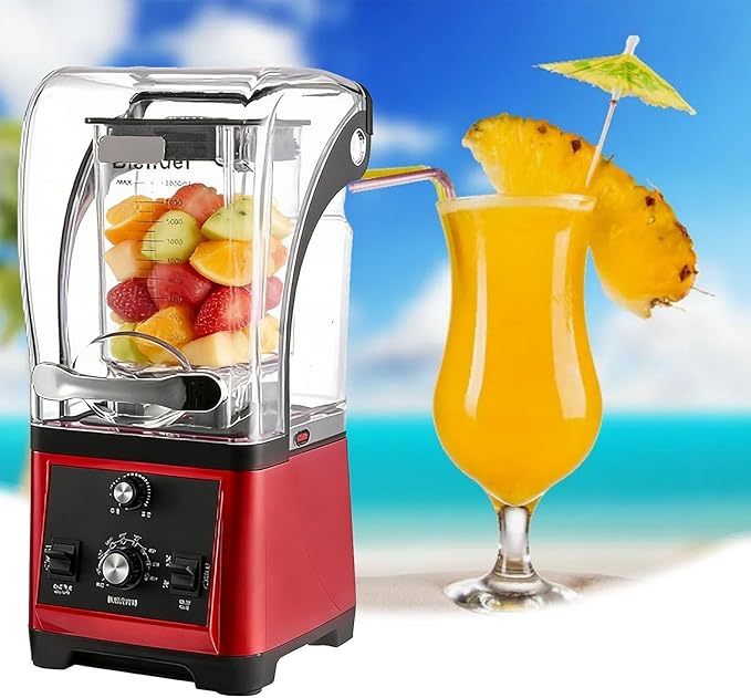 Cold Press Juicer Commercial Quiet Blender Soundproof Ice Crushing Blender 3-Second Quick Ice Crushing with Silent Cover for Puree Milkshake Juice Drink and Ice.(Red)