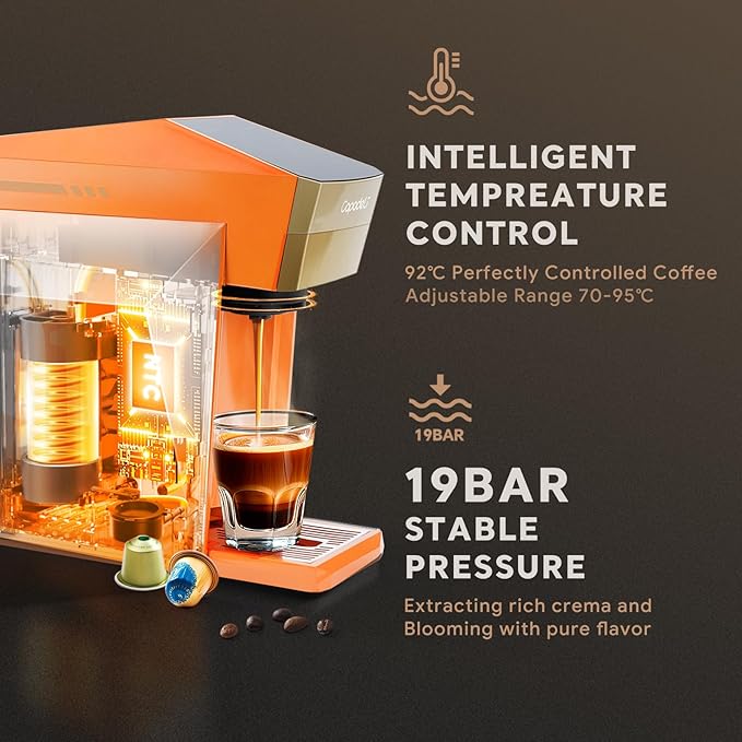 4 In 1 Single Server Coffee Maker Mini Coffee Machine for Nespresso Original/K cups/Dolce Gusto Original/Ground Coffee 19 Bar Espresso Machine Fit for Home Office Orange