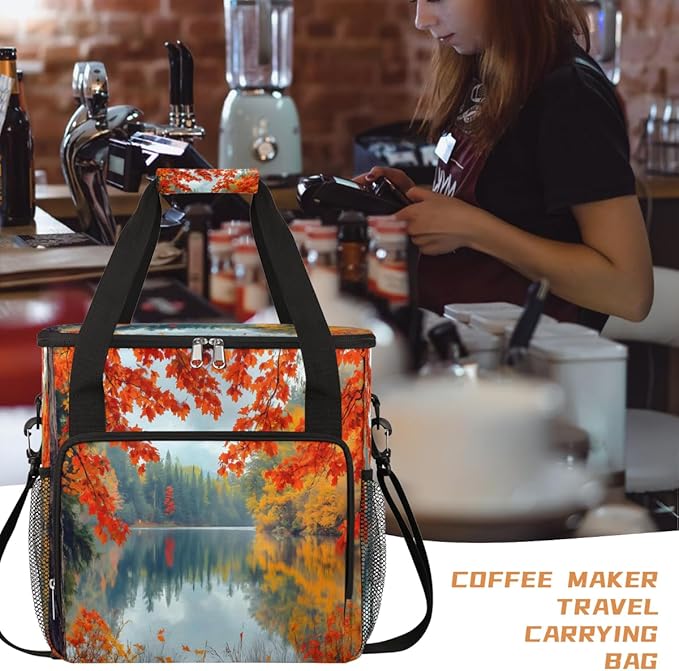Maple Leaf Forest Lake Coffee Maker Carring Bag Travel Carrying Storage Tote Bag Compatible with Keurig K-Mini or K-Mini Plus Portable Single Serve Coffee Brewer Case with Pockets for K-cup Pods