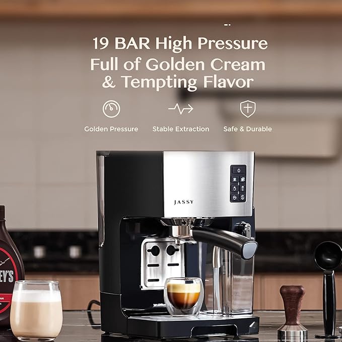Espresso Coffee Machine Cappuccino Maker with 19 BAR Pump &amp Powerful Milk Tank for Home Barista BrewingMultiple Functions for Espresso/Moka/CappuccinoSelf-Cleaning System1250W(Silver)