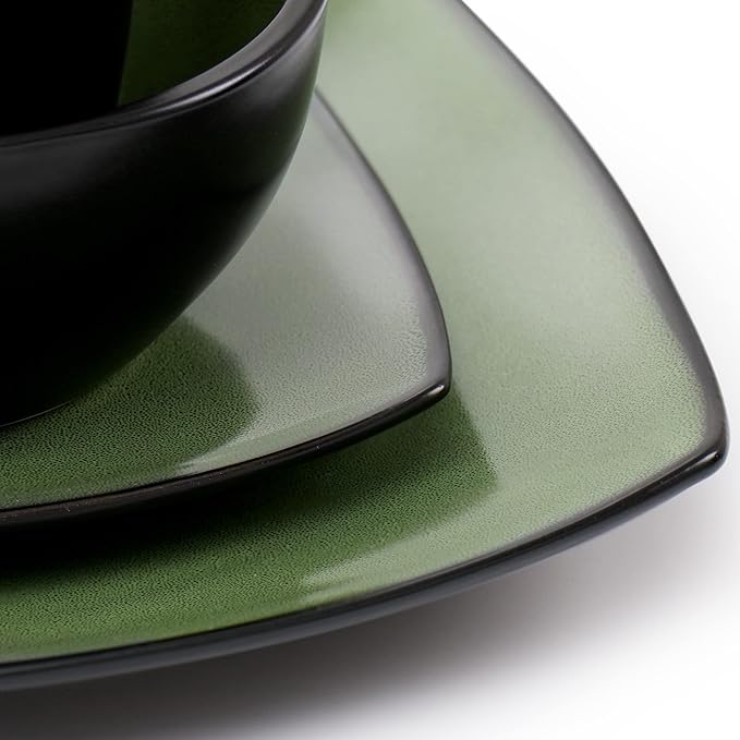 16pc Square Stoneware Dinnerware Set in Green Solid Casual 16 Piece Microwave Safe