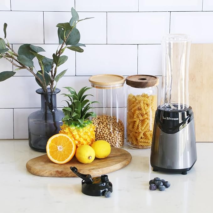 La Reveuse Smoothie Blender Personal Size 300 Watts with 2 Pieces 18 oz BPA-Free Travel Sports BottlesGrey