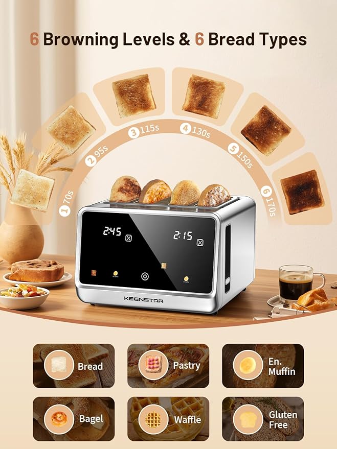 4 Slice Toaster with Touch Screen Stainless Steel Smart Bread Toaster 1.5 Wide Slots 6 Shade Settings &amp 6 Bread Types for Bagels Timer Single Slice Toasting Reheat Defrost 1800W
