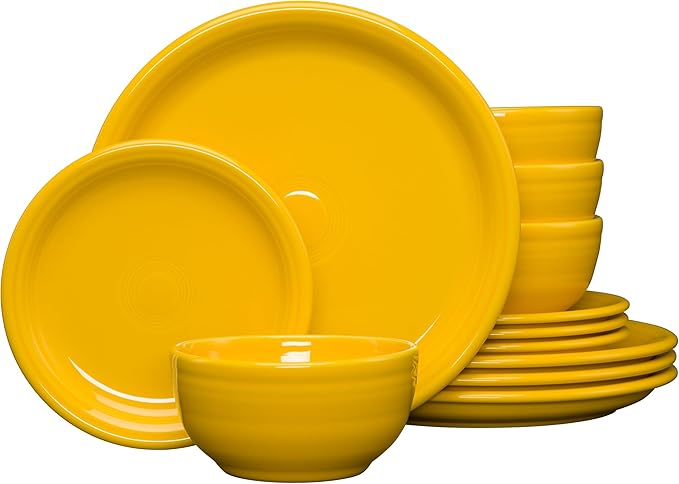 Fiesta® 12-Piece Bistro Coupe Dinnerware Set (Service for 4) – Durable Ceramic Lead-Free Dishwasher/Microwave/Oven Safe – Made in USA Dinnerware - Daffodil