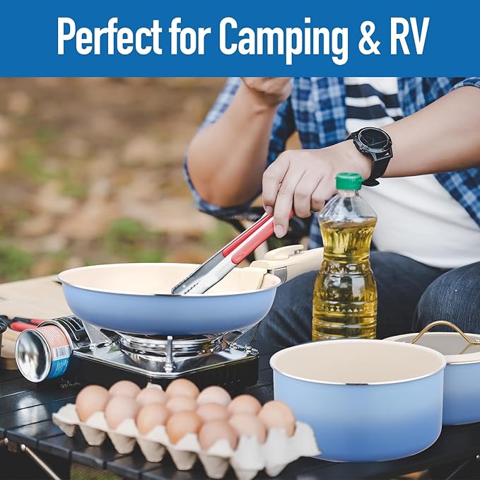 20pcs Ceramic Cookware Set Nonstick Detachable Handle Pots and Pans Set Non ToxicNo PFAS &amp PTFE &amp PFOA Dishwasher/Oven Safe RV Kitchen Set Removable Handle for Cooking Blue