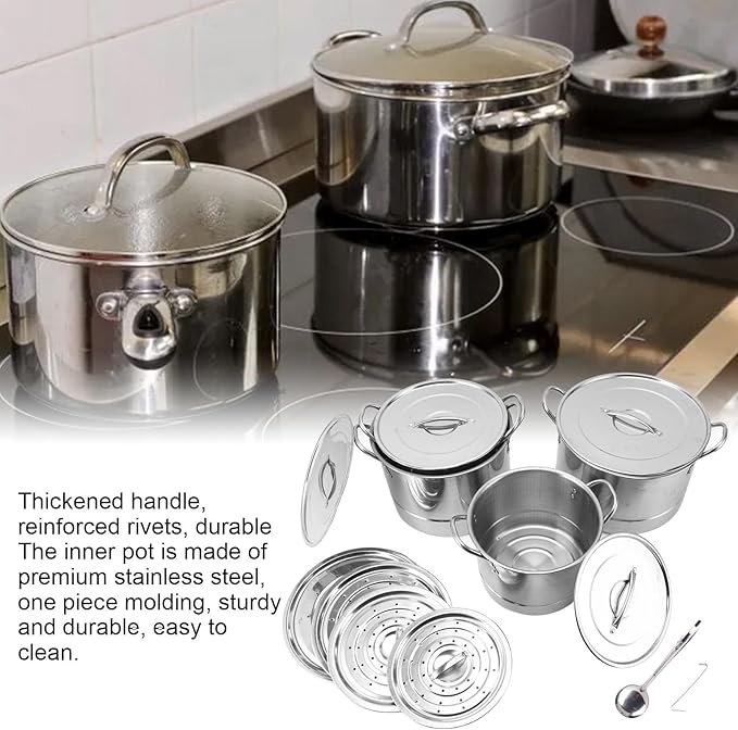 4PCS Stainless Steel Soup Pot Set with 8 Lids Multipurpose Cookware for Cooking Steaming Stir Frying