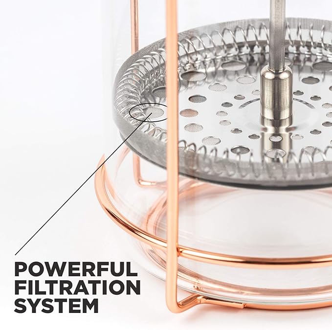 French Press and Tea Maker - 1000ml Coffee Maker Press - Premium Coffee Press with Rose Gold Finish - Thick Glass and Stainless Steel Coffee Brewer - French Press Coffee Maker for Tea Latte Expresso