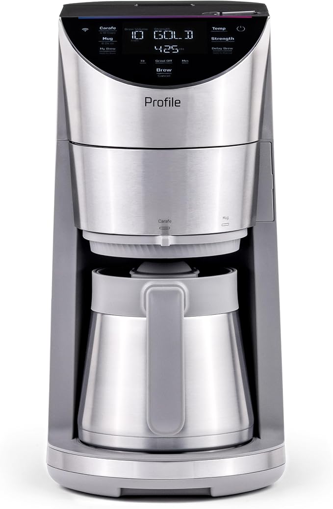 GE Profile Smart Grind &amp Brew Coffee Maker w/Podless Single Serve 90oz Water Reservoir 10 Cup Thermal Carafe Voice Control Adjustable Burr Grinder SCA Certified Barista-Quality Stainless St
