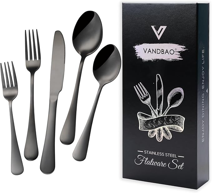 VANDBAO Black Flatware Cutlery Silverware Set 20 Pieces Stainless Steel Colorful Utensils Tableware Set Service for 4 Include Knife/Fork/Spoon Reusable Mirror Polished Dishwasher Safe