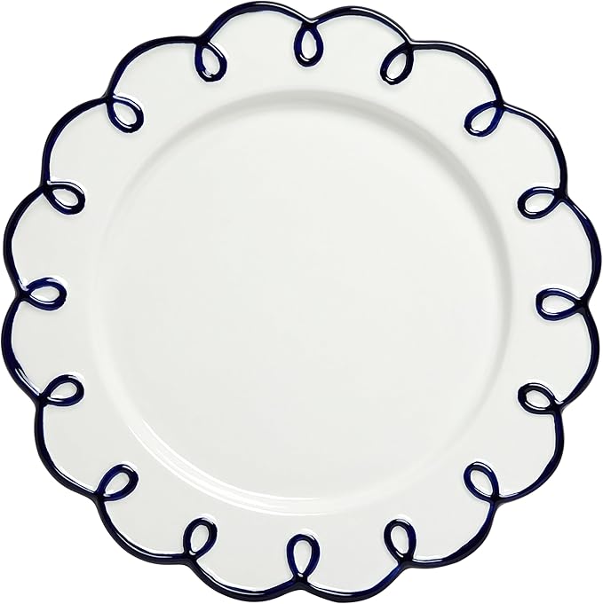 Sango 12-Piece Earthenware Dinnerware Set for 4 Glossy White Plates and Bowls Sets with Navy Scalloped Rims Premium Dish Set Dishes for Hosting Parties Birthday &amp Wedding Gifts Splash of Chee