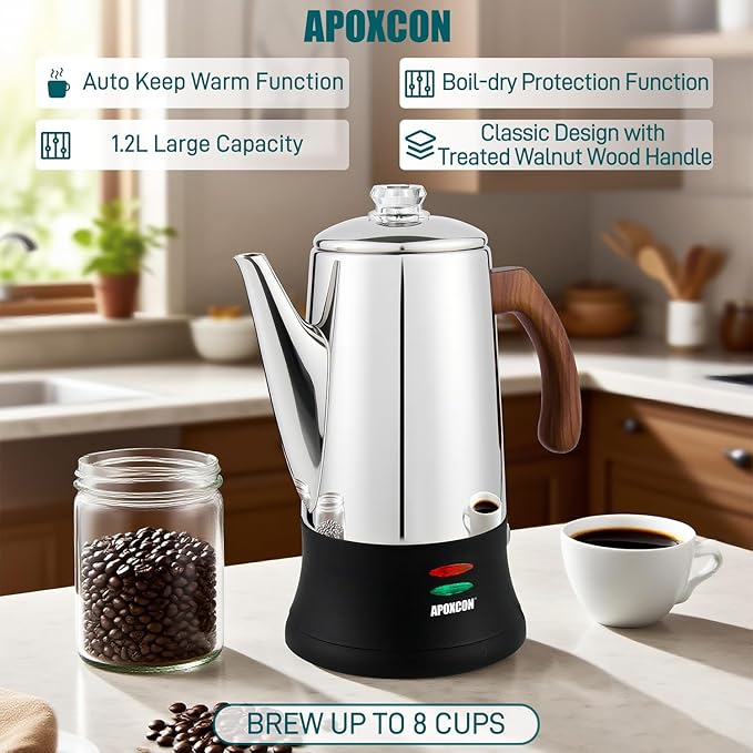 Electric Coffee Percolator Stainless Steel Coffee Maker with Two Heat Resistant Glass Knob &amp Treated Solid Wood Handle Keep Warm Cordless Serve Elegant Design Coffee Pot On/OFF Switch 8 Cup
