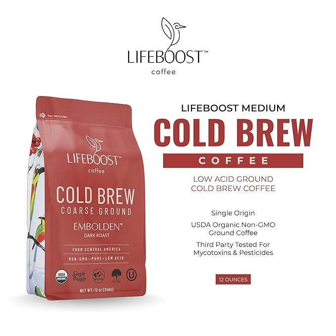 Lifeboost Dark Cold Brew Coffee - Single Origin Non-GMO USDA Organic Low Acid Coarse Ground Coffee for Cold Brew - 3rd Party Tested For Mycotoxins &amp Pesticides - 12 Ounces