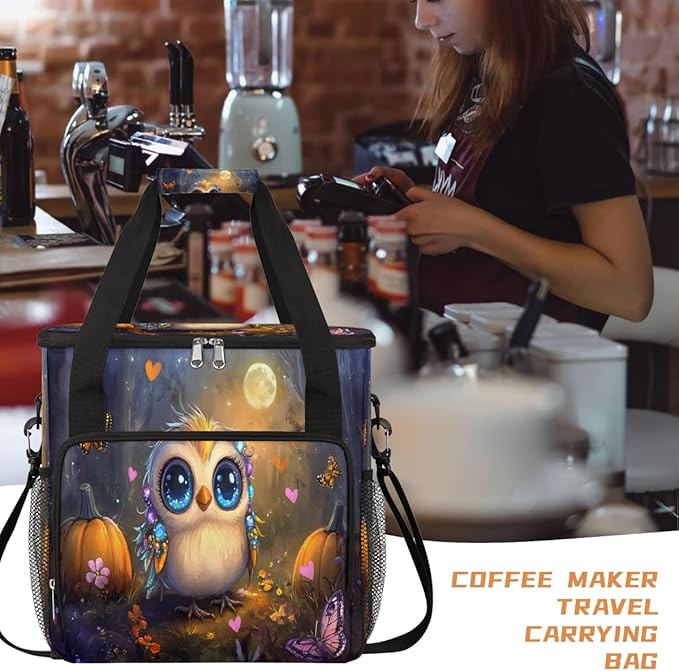 Cartoon Owl Pumpkin Butterfly Coffee Maker Carring Bag Travel Carrying Storage Tote Bag Compatible with Keurig K-Mini or K-Mini Plus Portable Single Serve Coffee Brewer Case with Pockets