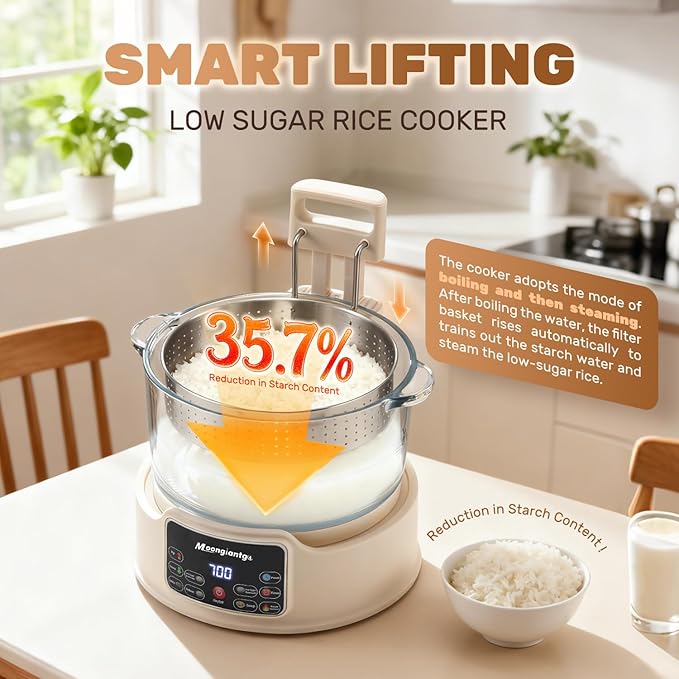 Moongiantgo Low Carb Rice Cooker 3L with Auto Lift Filter Basket Glass Pot Healthy Low Sugar Rice Maker 700W Digital Touch Control 12H Timer &amp Keep Warm Steamer for Porridge Soup Oats Grain