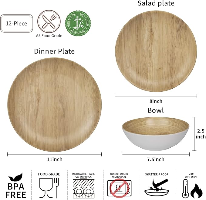 Melamine Dinnerware Set - 12pcs dinnerware set Indoor and Outdoor use Bamboo Pattern Dishes Dinnerware Set for 4Dishwasher Safe (Wood Grain)