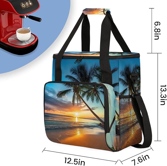 Palm Tree Seaside Scenery Coffee Maker Travel Bag for Keurig K-Mini/K-Mini Plus Insulated Waterproof Tote with Pockets for K-Cup Portable Single-Serve Brewer Case
