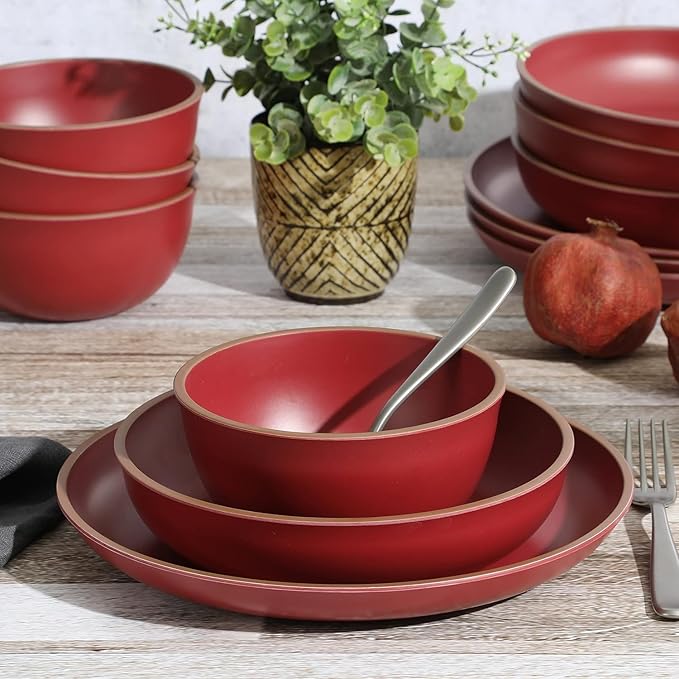 12-Piece Melamine Dinnerware Set – Double Bowl Lightweight Shatter-Resistant Plates and Bowls with Matte Finish – Dishwasher Safe Outdoor and Everyday Dining Set (Red)