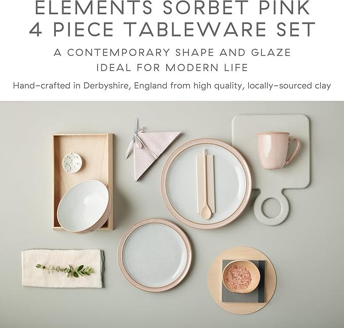 Denby - Elements Sorbet Pink Dinner Set For 1-4 Piece Ceramic Tableware - Dishwasher Microwave Safe Crockery Single Place Setting - 1 x Dinner Plate 1 x Small Plate 1 x Cereal Bowl 1 x Coffee Mug