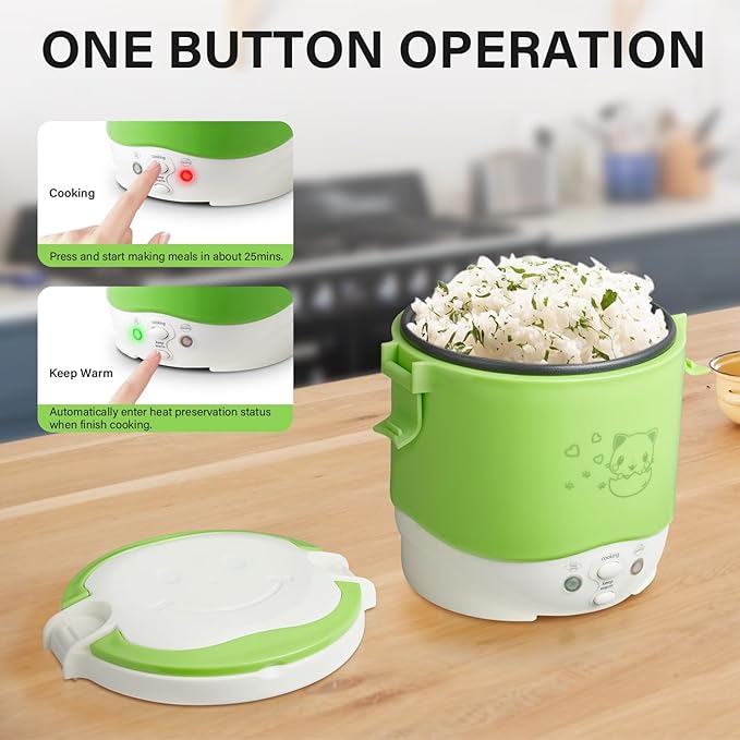 OSBA Mini Rice Cooker 1L Travel Rice Cooker Small 12V For Car Cooking For Soup Porridge and Rice Cooking Heating and Keeping Warm Function(Green)