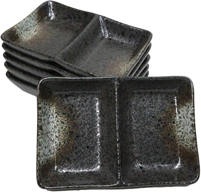 Ebros Gift Artistic Charcoal Grey Tone Hakumu Collection Dinnerware Serveware Kitchenware Set Asian Japanese Restaurant Supply (Pack Of 6 Dual Compartment Rectangle Sauce Dishes)