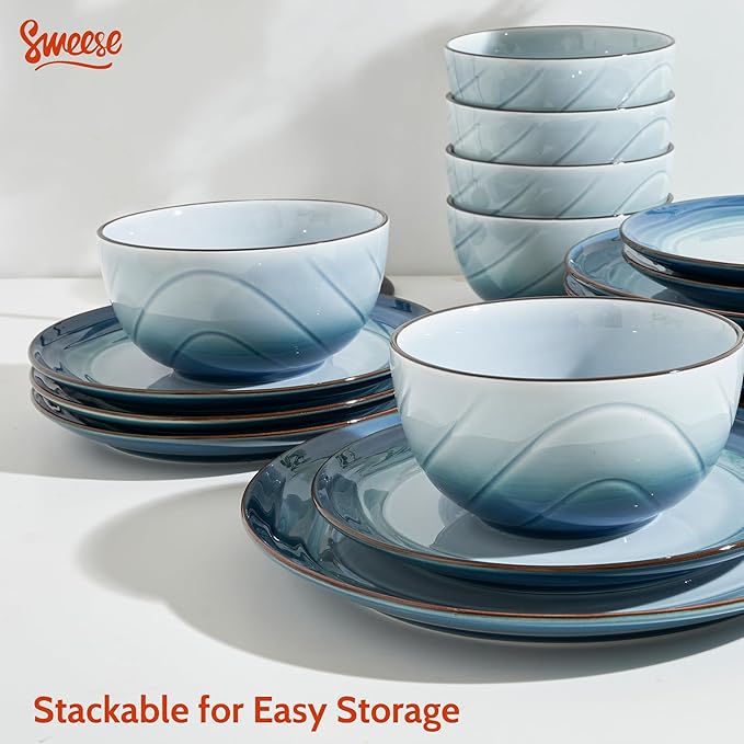Sweese Porcelain Dinnerware Sets for 6 18 Pieces Ceramic Plates and Bowls Sets Handcrafted Minimalist Dinner Set Chip and Scratch Resistant Dish Set Dishwasher &amp Microwave Safe Ocean Blue