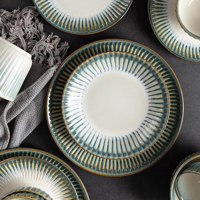 Stoneware Dinnerware Set of 4 4 Pieces Ceramic Dinner Plates Bowl Mug for Kitchen – Unique Gift Idea Scratch Resistant Dishes Dishwasher &amp Microwave Safe (Gold Coast)