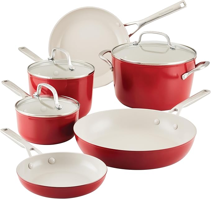 KitchenAid Hard Anodized Ceramic 9-Piece Nonstick Cookware Set – Includes Fry Pans Saucepan Stockpot Durable Even Heating Oven Safe to 500°F Empire Red