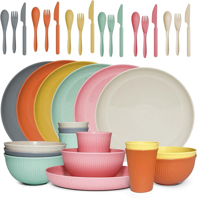 36 pcs Wheat Straw Dinnerware Sets DAPIPIK Unbreakable Reusable Dinnerware Set Lightweight Camping Plates Cups and Bowls Set. Dishwasher Microwave Safe Dinnerware