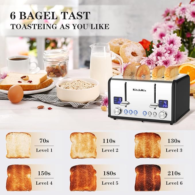 Toaster 4 Slice KitchMix Bagel Stainless Toaster with LCD Timer Extra Wide Slots Dual Screen Removal Crumb Tray (Black)