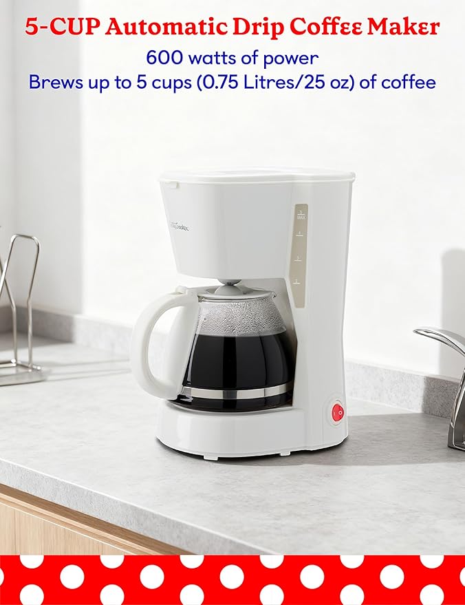 Betty Crocker 3-Piece Kitchen Appliances Set: 5-Cup Automatic Drip Coffee Maker 1.7L Electric Kettle &amp 2-Slice Toaster STRIX Technology Kettle Cool Wall Housing BC-4995W White