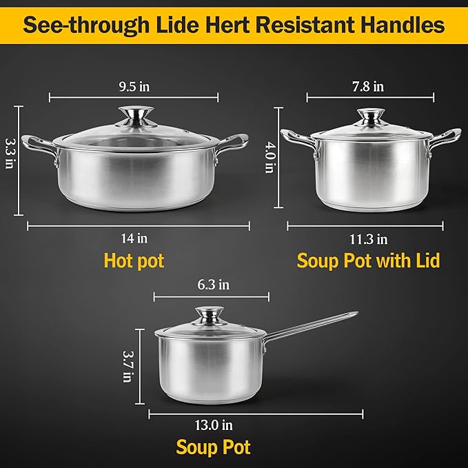 Wodillo 6Pcs Pots and Pans Set Stainless Steel Pot Set Nonstick Kitchen Cookware Set Induction Pots Set with Stay-Cool Handle Works with Electric and Gas Cooktops Dishwasher Safe