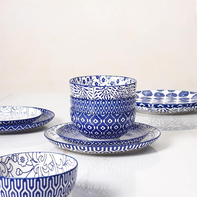 Selamica Ceramic Plates and Bowls Sets18 Pieces Retro Floral Dinnerware Sets for 6Dishwasher &amp Microwave Safe dish setFamily &amp Holiday Dining Vintage Blue
