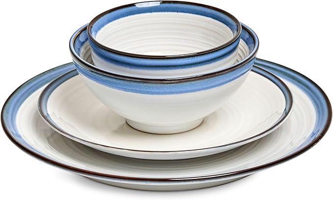 Sango Siterra Santorini 16-Piece Stoneware Dinnerware Set for 4 Ceramic White Plates and Bowls Sets with Blue Rim &amp Reactive Glaze Chip Resistant Dish Set Microwave &amp Dishwasher Safe Kitche