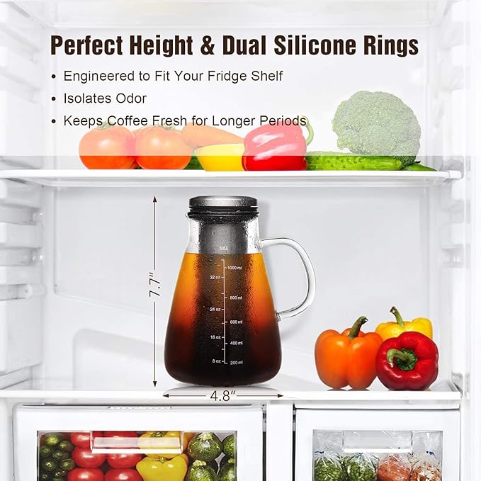 Cold Brew Iced Coffee Maker 34oz Brewed Coffee Pot with Removable Double Mesh 304 Stainless Steel Filter BPA-Free Cold Brew Pitcher Glass Container Tea Maker