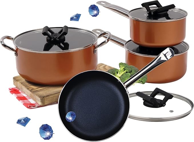 Stackable Stainless Steel Nonstick Cookware Set Pots W/ Lids (8 Piece) Brown 10-4408