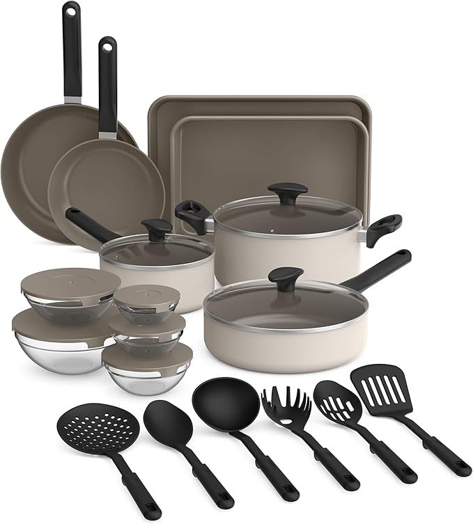 bella 21 Piece Kitchen Set with EverGood™ Ceramic Nonstick Coating Dishwasher &amp Oven Safe All Stovetops Compatible Tempered Glass Lids &amp Cool Touch Handles Oatmilk
