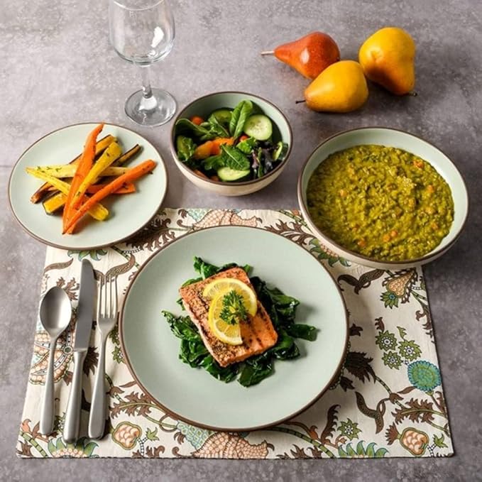 Sleek &amp Artistic 16 Piece Elegant 2 Toned Rustic Dinnerware Set for 4 | Matte Glaze Finish With Striking Detail Mint Green/Beige Color Smooth Textured |Microwave &amp Dishwasher Safe Luxury Appea